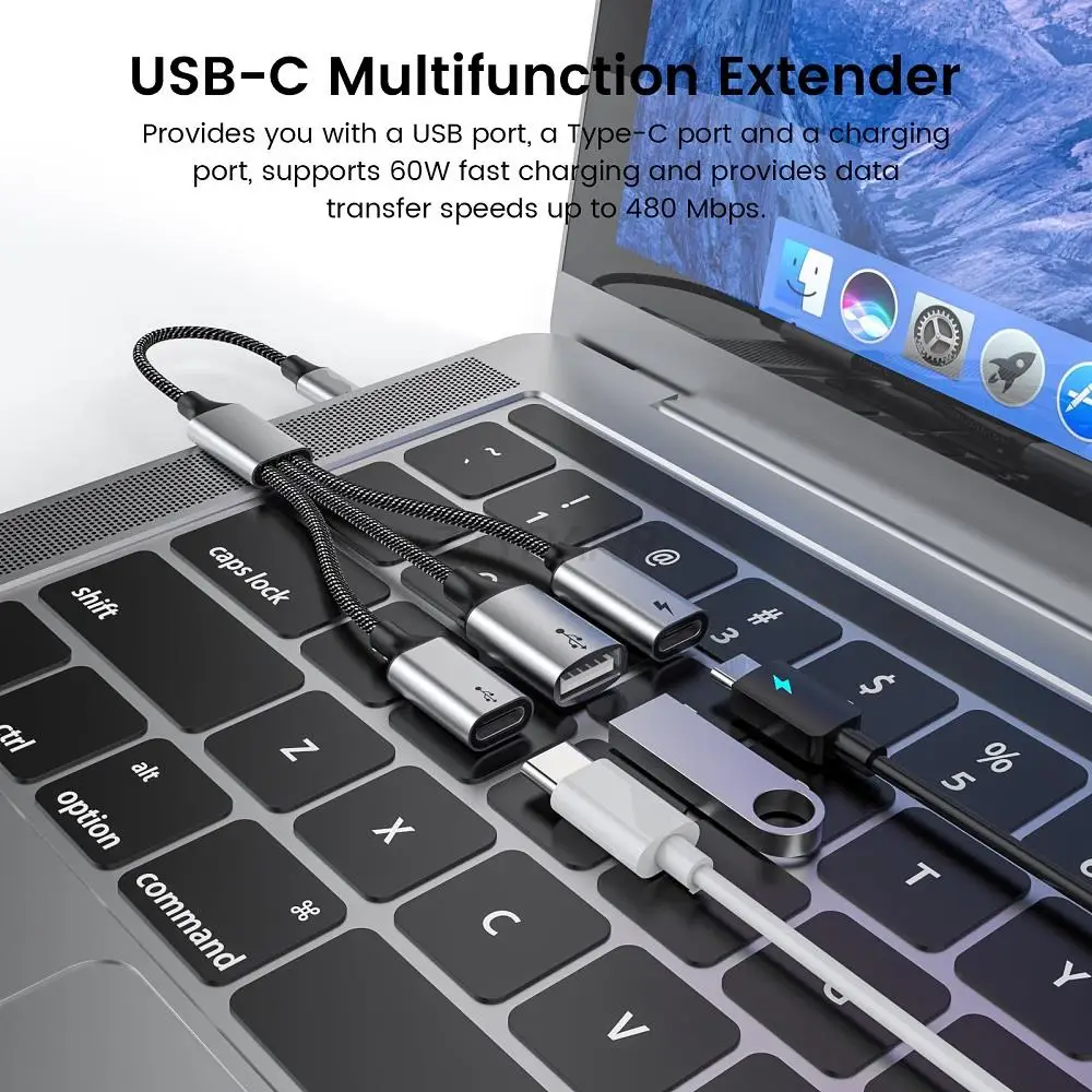 USB C to USB C Female Adapter OTG USB Splitter Type C Male to USB&2 Type-C Female Cord Converter 3 USB C Port Hub PD 60W Charge