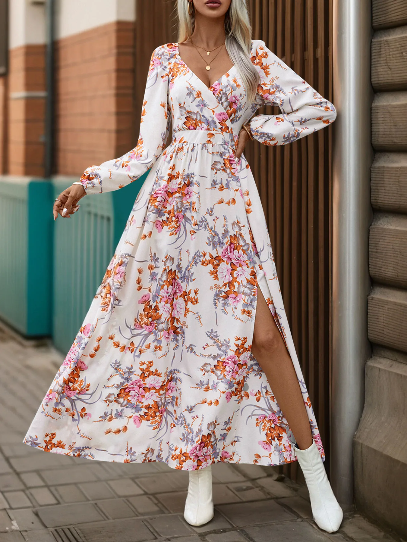 Robe Boho à imprimé Floral pour femmes, col en V, manches longues, fente latérale, Maxi, pour fête d'automne, vacances, décontractée