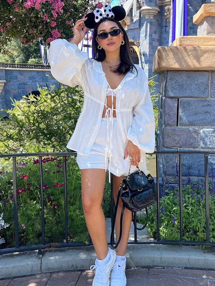 Fashion White Lantern Sleeve V-neck Top Shorts Set Elegant Solid Color Lace Up Woman Short Suit 2025 Spring Summer Street Outfit