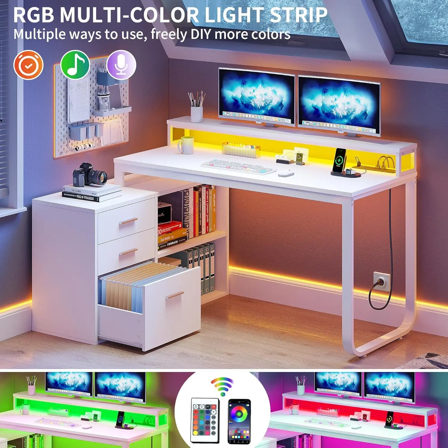 Mesa em forma de L com gavetas, mesa de computador de canto de 55" com tomadas de energia e luzes LED, mesa de escritório doméstico com armário de arquivo, branco