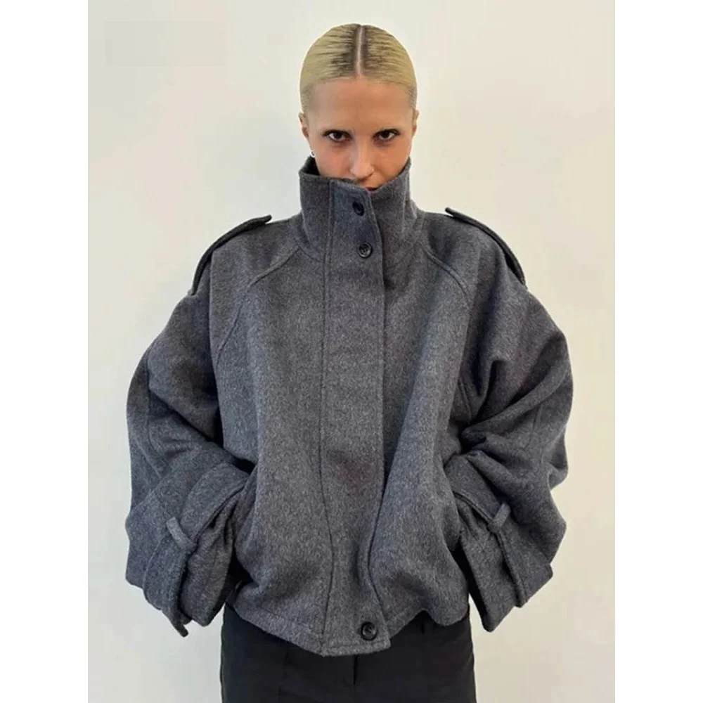 

Loose Stand Collar Women's Woolen Coats Long Sve Single B Winter Fashion plus Size Women's Jacket Pear Shape Body Type