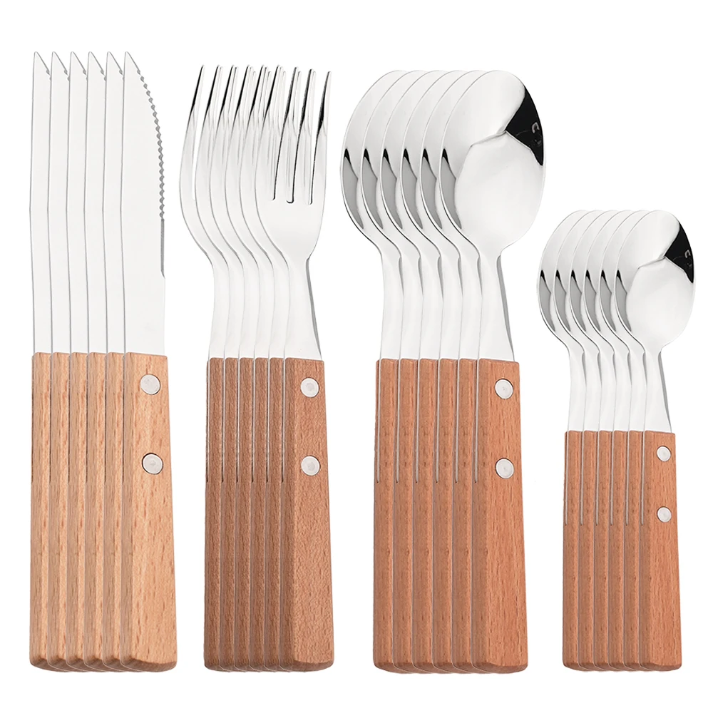 

Knife Fork Teaspoon with Wooden Handle 304 Stainless Steel Cutlery Set 24Pcs Tableware Mirror Dinnerware Home Flatware Kitchen