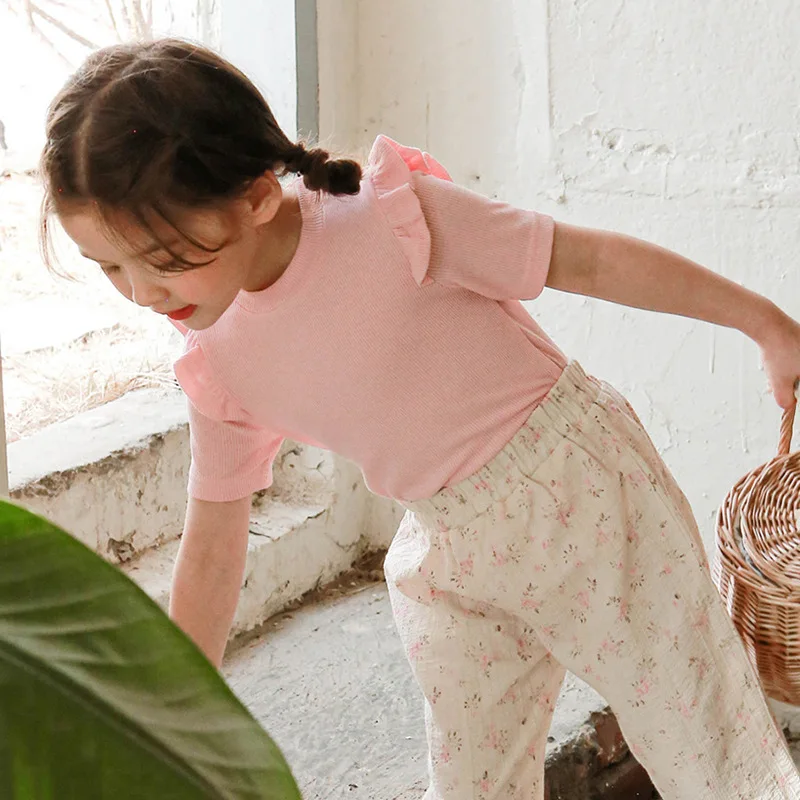 

2025 Summer Korean Children's Clothing Children's and Girls Solid Color Edge Short Sleeve T-Shirt Spot
