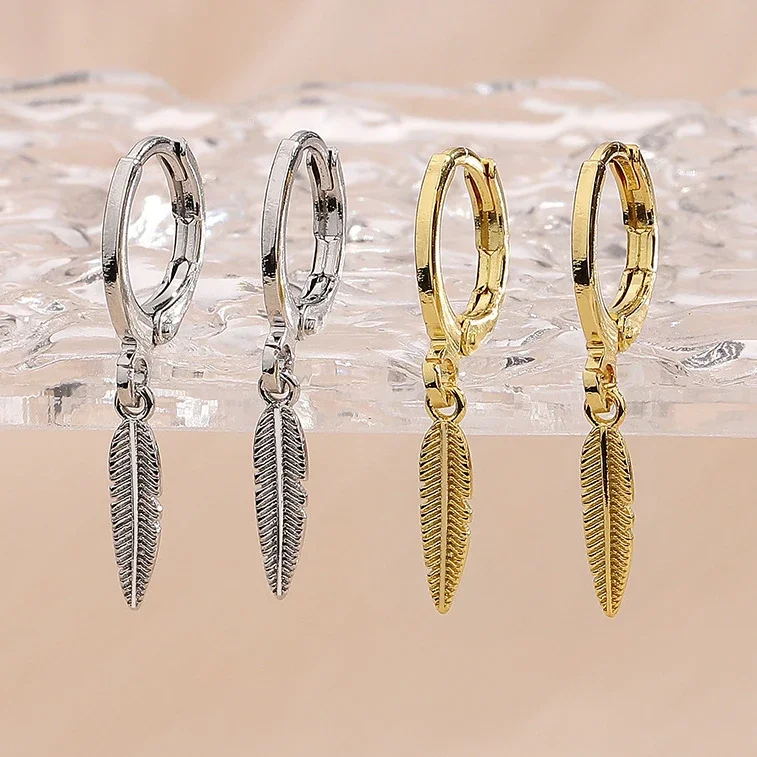 One Piece 925 Silver Golden Leaf Feather Cool and Handsome Hoop Earrings for Women Fine Jewelry Minimalist Accessories