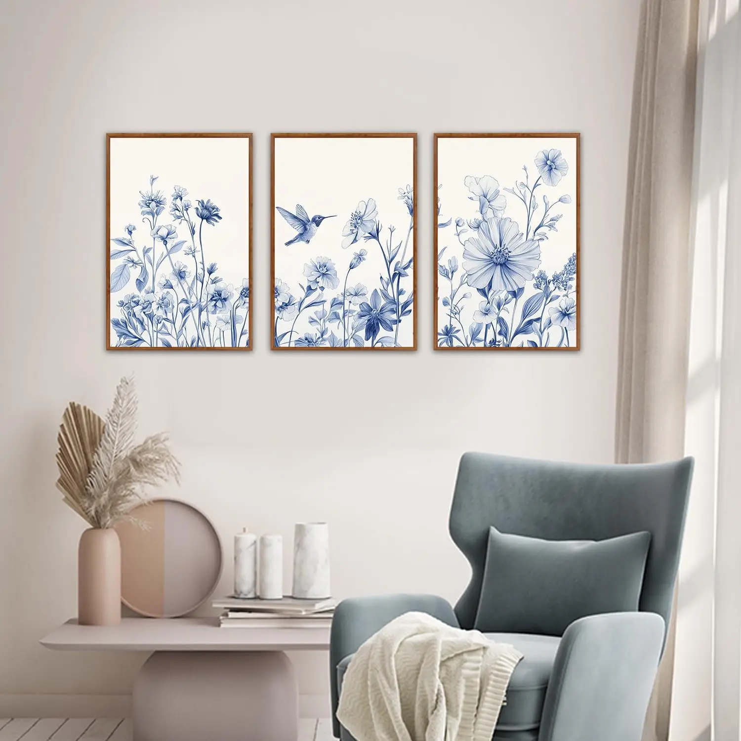 

3pcs Abstract Blue Floral and Bird Canvas Poster Picture Wall Art, Nordic Living Room and Bedroom Home Decoration Print