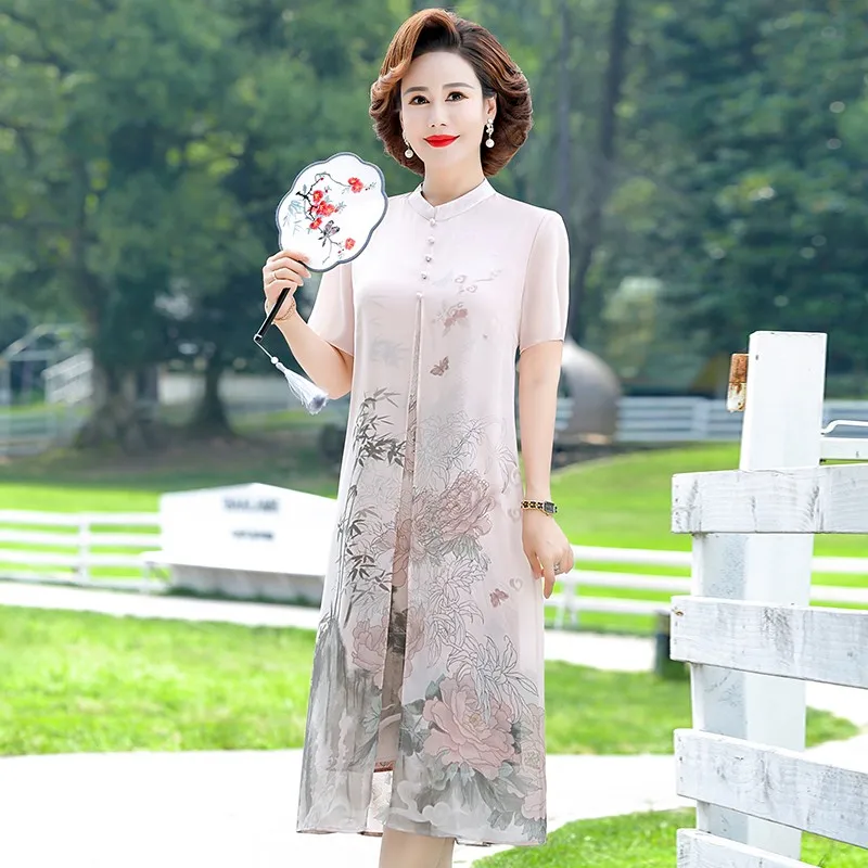 Female Patchwork Floral Natural Silk Midi Dress Spring Summer New Fashion Light Casual Dress 2023 Korean Vintage Party Vestidos