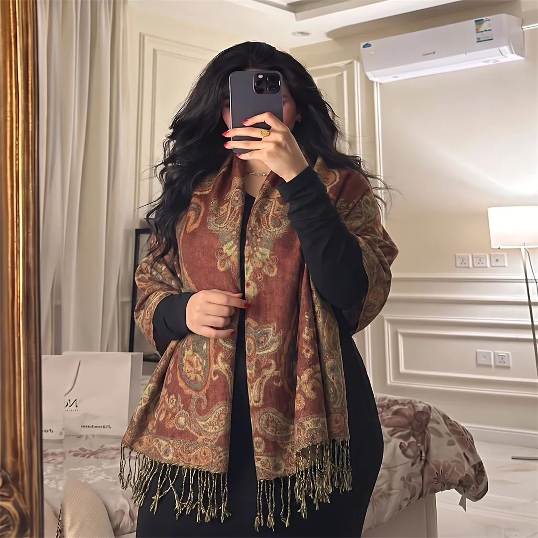 Retro Paisley Jacquard Tassel Shawl Soft Floral Print Scarf Ladies Fashion Muslim Hijab Fall Winter Party Outdoor Coat Cover Up