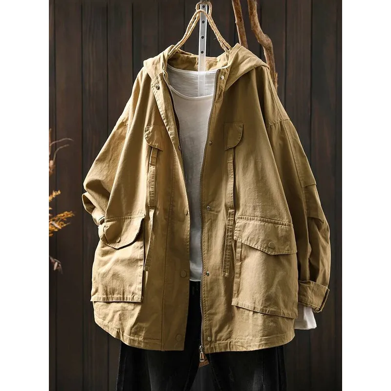 المرأة عادية معطف واقٍ من المطر جديد وصول 2025 الخريف خمر نمط بلون جيوب كبيرة فضفاضة الإناث القطن أساسيات السترات M1896 #5