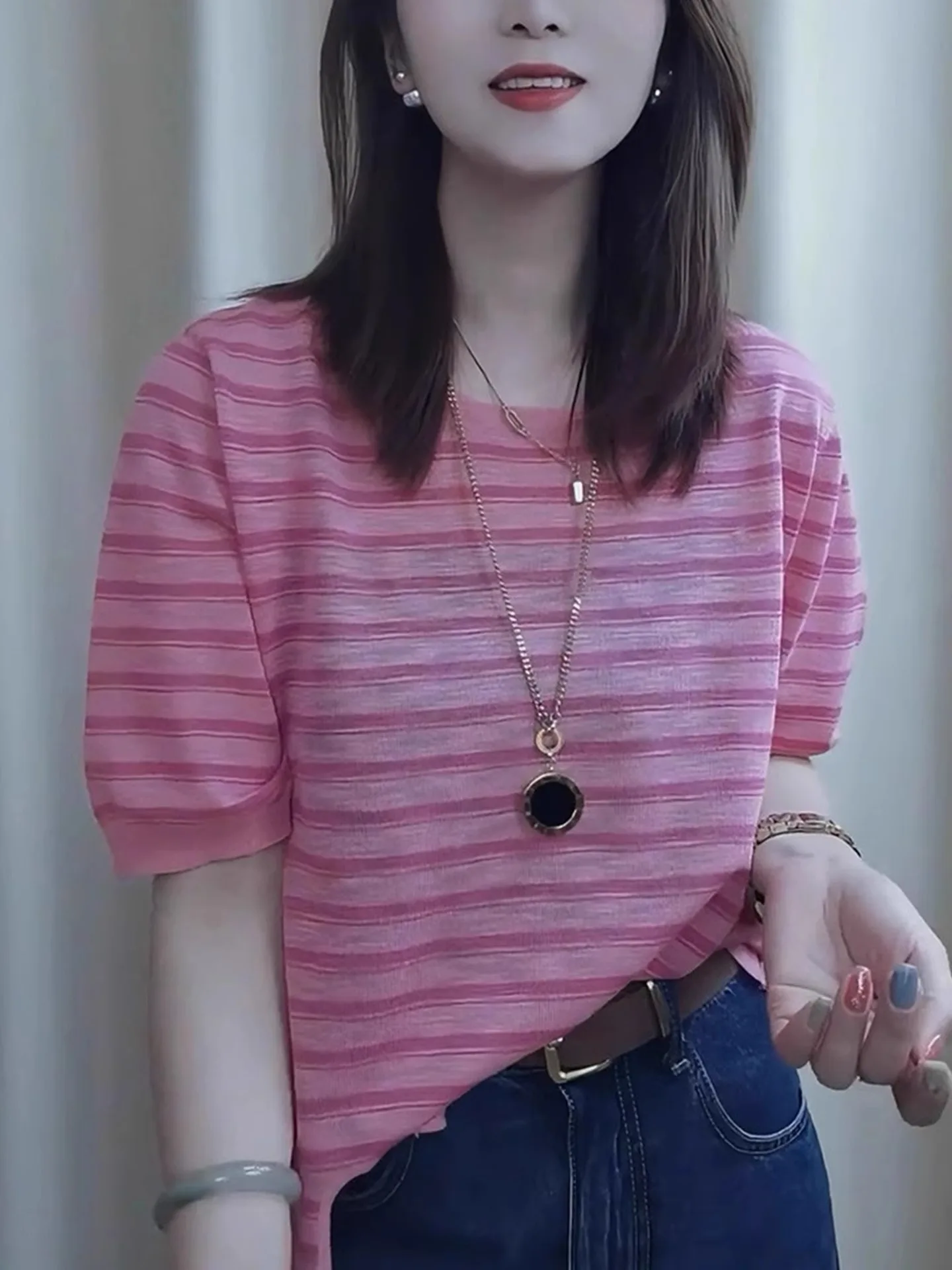 

Pink Stripe Color Block Ice Silk Knitted Top Casual Loose Slimming Summer Short Sleeve Women's Fashionable Anti-Aging Shirt