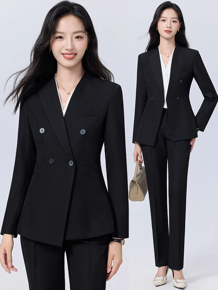 Elegant Black Suit Set for Women Interview Formal Professional Hotel Manager Reception Workwear Commute Polyester Fiber