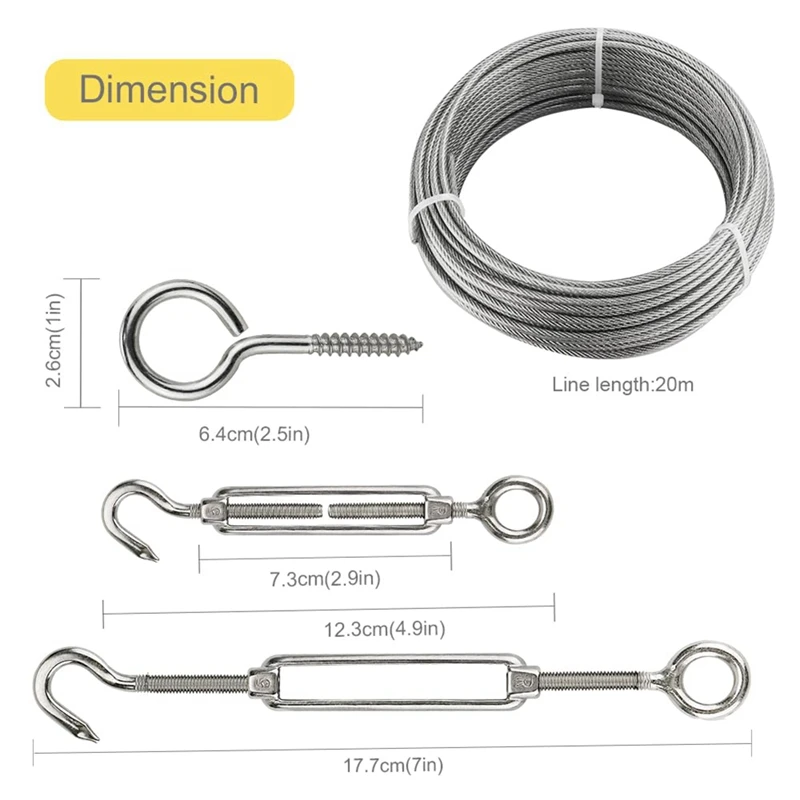 20M Stainless Steel Kit, 3MM Sorting Helps Tighten Rope Wear With M5 Stainless Steel Rope Clamp R Easy To Use