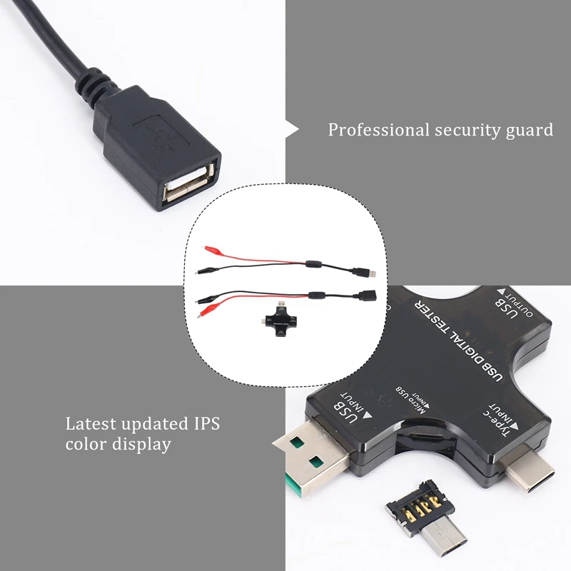 USB C Tester,2 In 1 Type C USB Tester Color Screen IPS Digital Multimeter,Voltage,Current,Power,Resistance,Temperature,With Clip