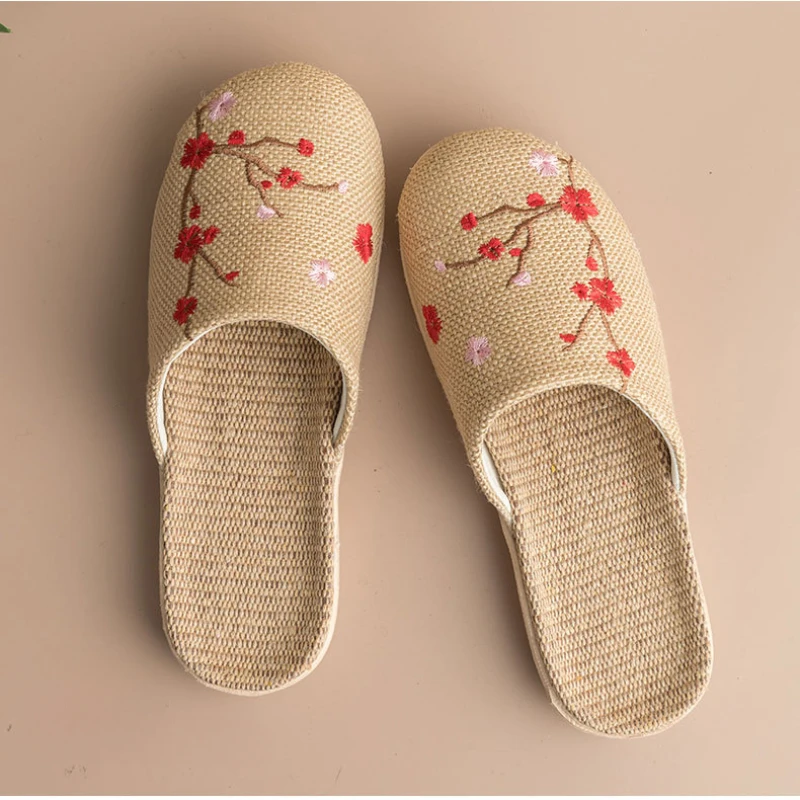 Chinese Style Indoor Linen Slippers For Women Men 2025 Spring Summer Shoes Ani-slip Light Weight Embroidery Couples Home Slides