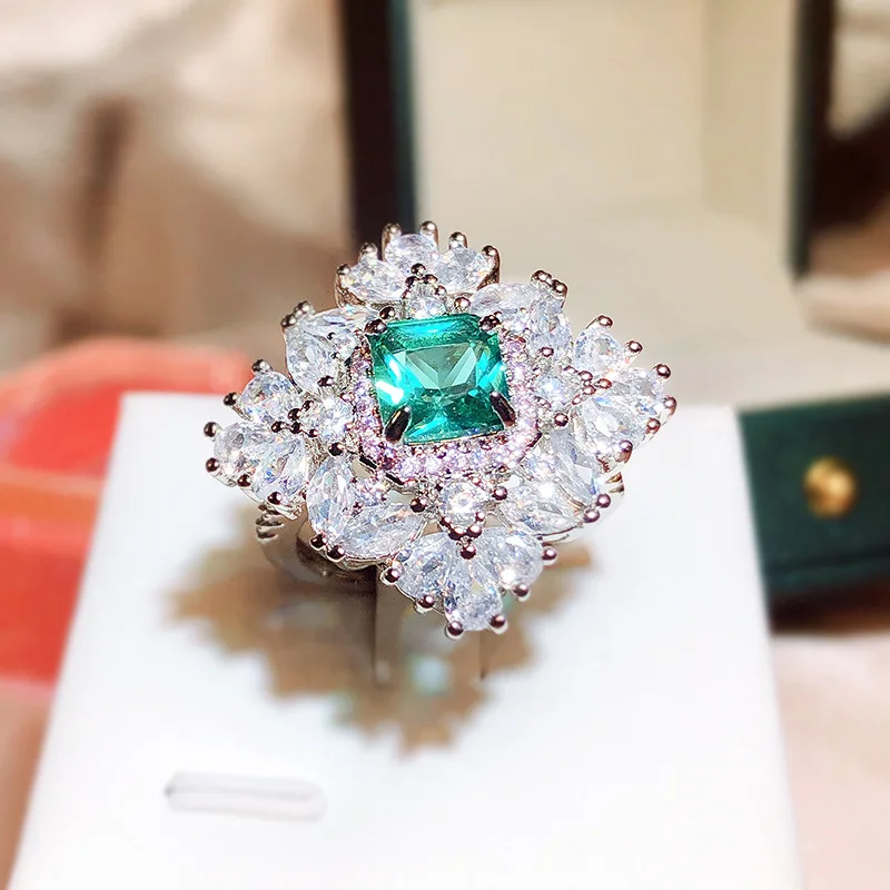 Exaggerated Oversized Geometric Four-claw Square Paraiba Flower 925 Silver Ring Women Versatile Opening Adjustable Gift Jewelry