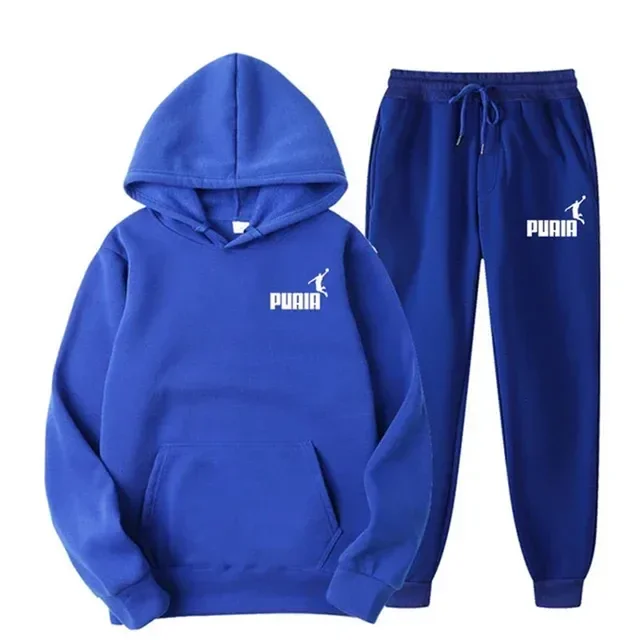 Autumn and winter new men's sportswear set, outdoor cycling windproof and warm men's hooded sweatshirt + pants 2-piece set