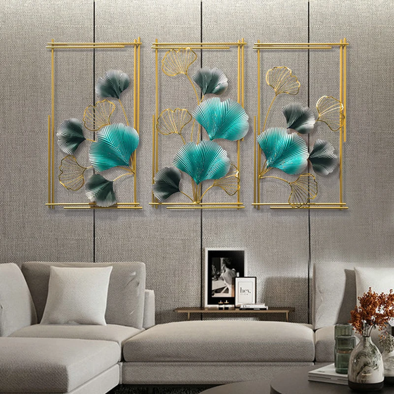 New Chinese Luxury Wrought Iron Ginkgo Leaf Wall Murals Home Livingroom Hanging Decoration Office Porch Sticker Crafts