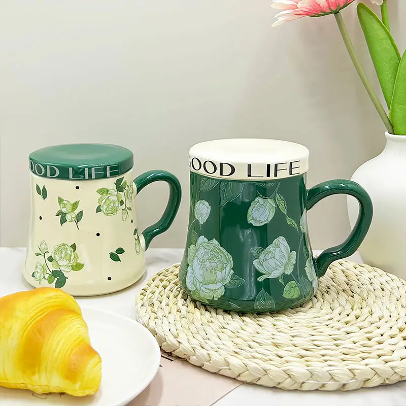 

Vintage Green Floral Ceramic Mug,Dust Proof Milk Coffee Cup with Lid for Home Use,Elegant Fresh Practical Niche New Year Gift