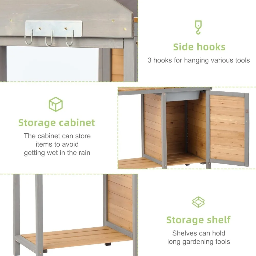 Wooden Potting Bench Table with Sink,Outdoor Garden Table Work Bench with Storage, Workstation for Outside Patio Lawn
