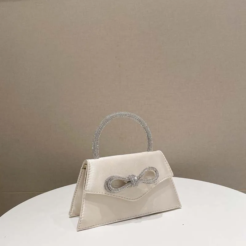 Women Rhinestone Bow Satin Handbags Elegant Boutique Crystal Top Handle Evening Clutch Purses Chain Crossbody Bags Wedding Party