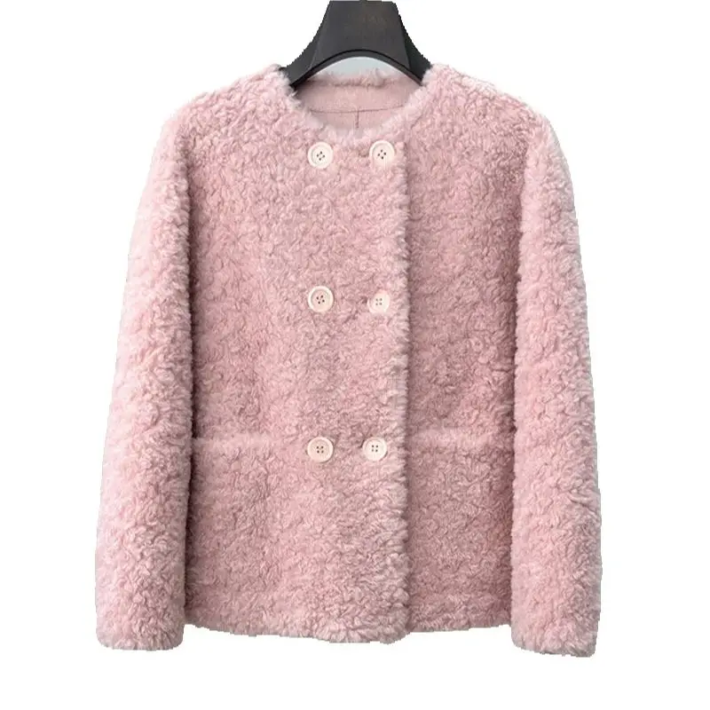 Cappotto doppiopetto in shearling di pelle d'agnello da donna, inverno 2025 nuovo stile Pelliccia girocollo in pelliccia stile corto monopezzo