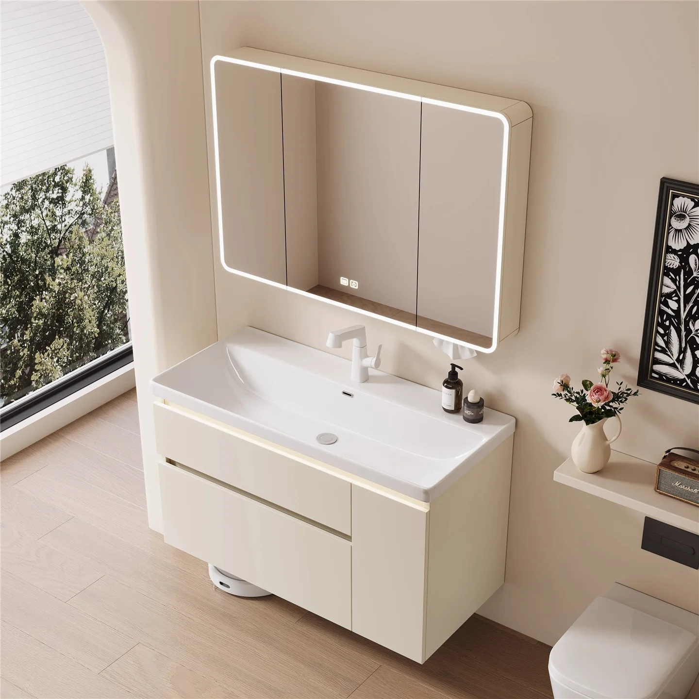 Japanese cream wind honeycomb aluminum pull basket bathroom cabinet deepened ceramic integrated basin combination multi