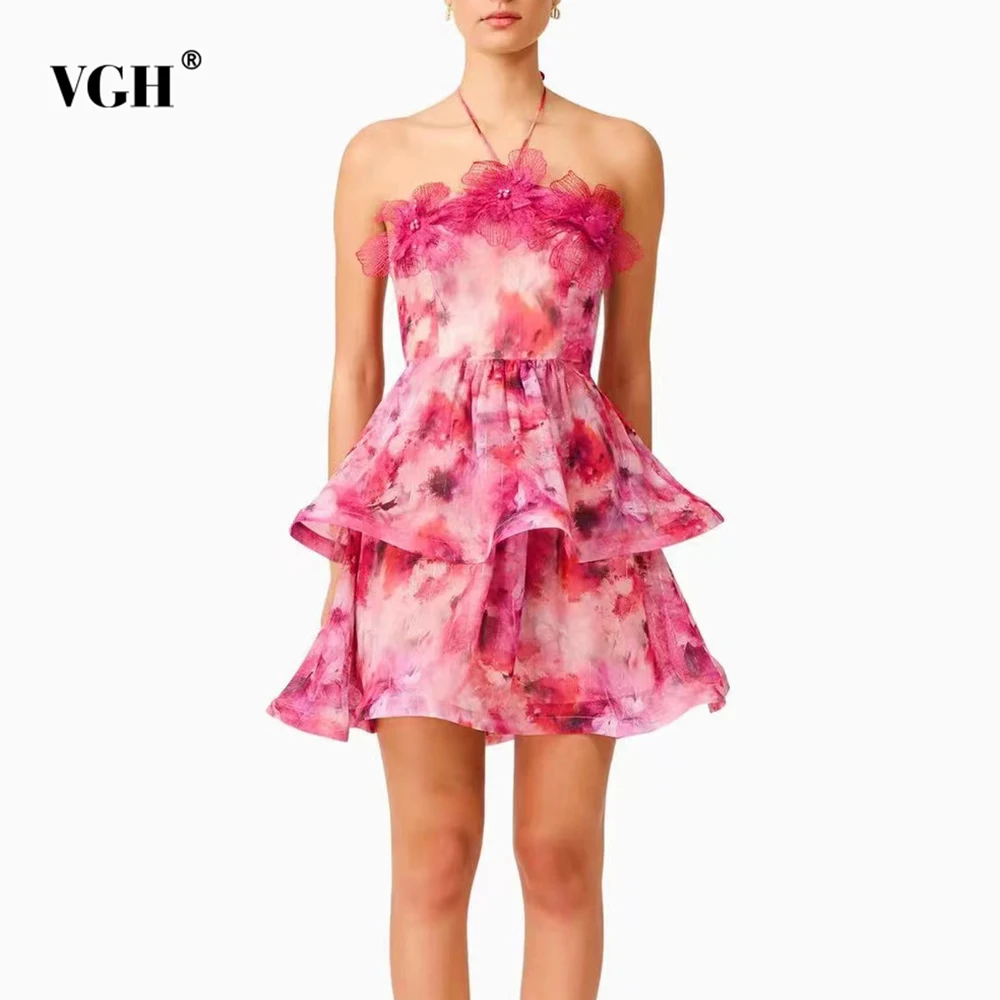 

VGH Printing Spliced 3D Flower Dresses for Women Halter Sleeveless High Waist Patchwork Ruffles Mini Dress Female Summer Clothes