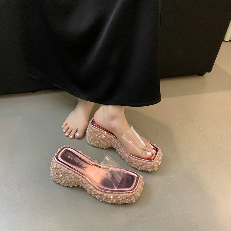 

Pink Slippers Silver Transparent Wedges Shoes For Women Sequin Platform Sandals Summer High Heels Casual Sandalias De PVC