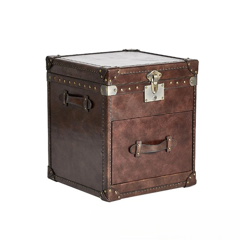 

Leather storage box decorative cabinet square few antique bedside table oil wax leather cigar room retro side few
