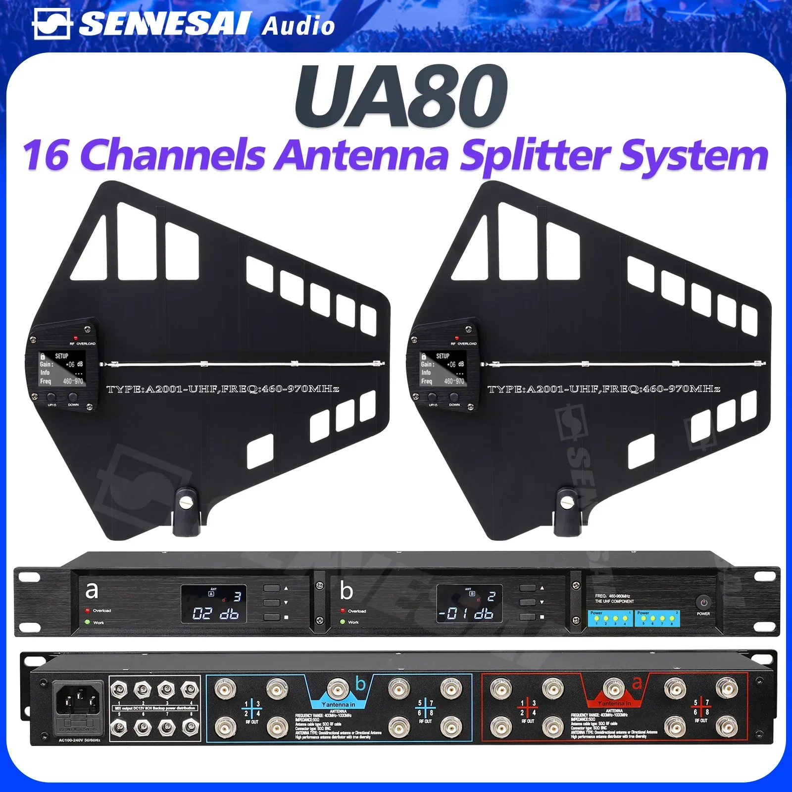 Система распределителя антенны UA80 UHF, 460-970 МГц, усилитель радиочастотного сигнала, направленные коаксиальные кабели BNC-BNC, 16 каналов для