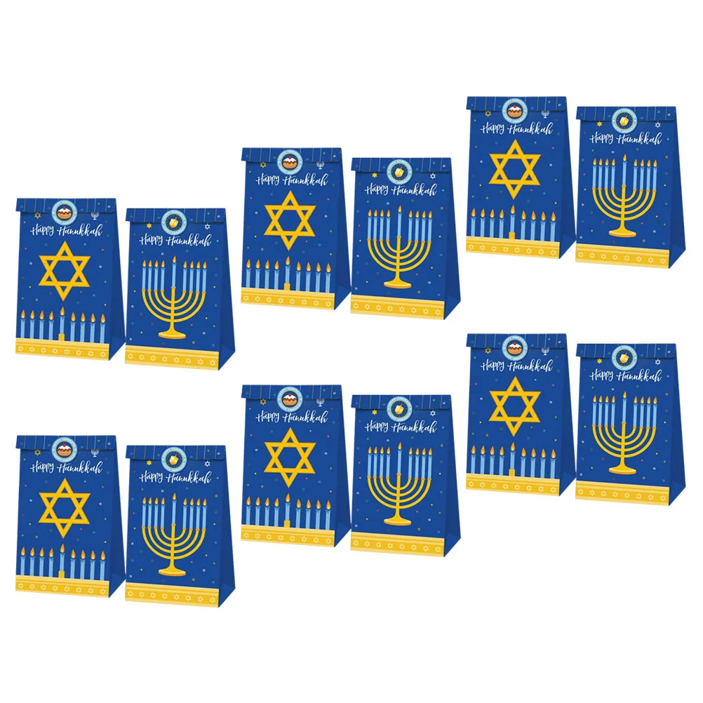 12 Pcs Hanukkah Jewish New Year Holiday Gift Bag Nine-headed Menorah Pattern Birthday Candy 12pcs Party Supply Paper Adorable