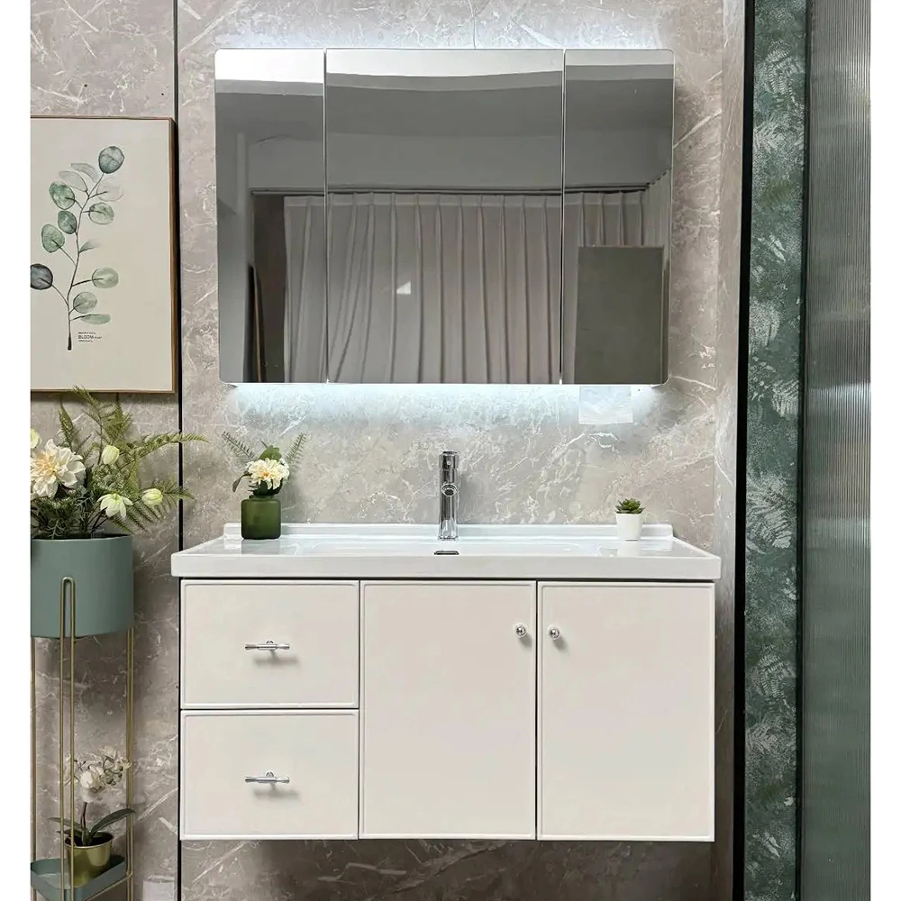 

Modern Simple Design Bath Wall Mounted Bathroom Mirrored Vanity Cabinet With Ceramic Sink, Bathroom Vanities ,bathroom Cabinet