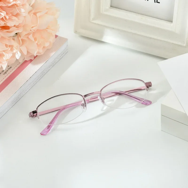 Ladies Pink Half Frame Elegant Reading Glasses Metal Mother Fashion Reading Glasses Resin Ultra Light Reading Glasses