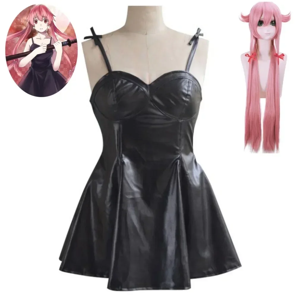 Anime Mirai Nikki Future Diary Gasai Yuno My Wife Has Breasts Milk Cosplay Costume Wig Leather Dress Hallowen Sexy Woman Suit