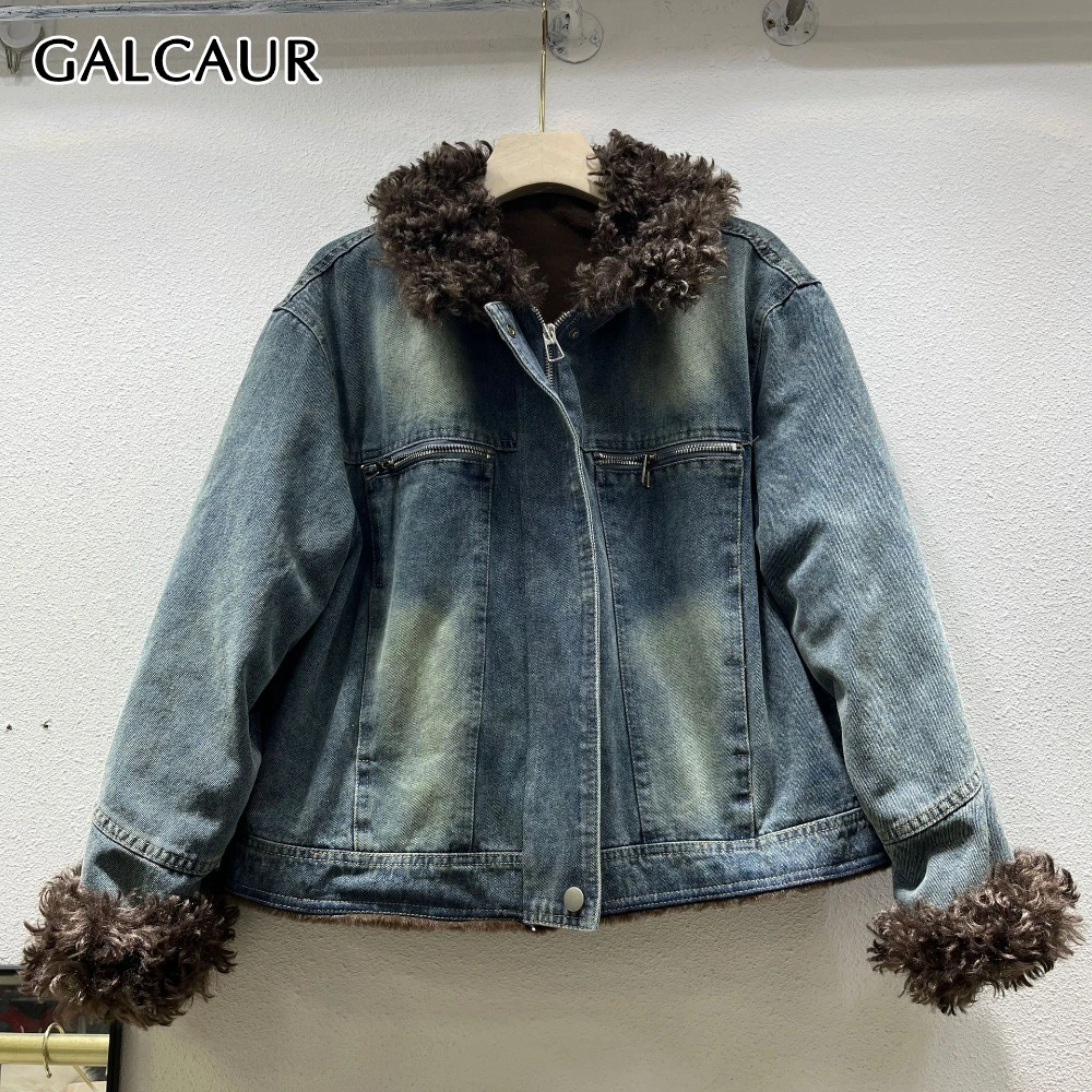 

GALCAUR синяя базовая куртка из сращенного меха, женская свободная куртка с лацканами и длинными рукавами, корейские винтажные женские куртки, осенняя мода, новый стиль
