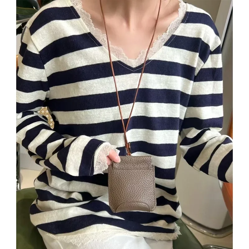 Cartera corta de cuero genuino para mujer, nuevo patrón de lichi, Clip para dinero de Color sólido, gran capacidad con correa para collar, tarjetero, 2025