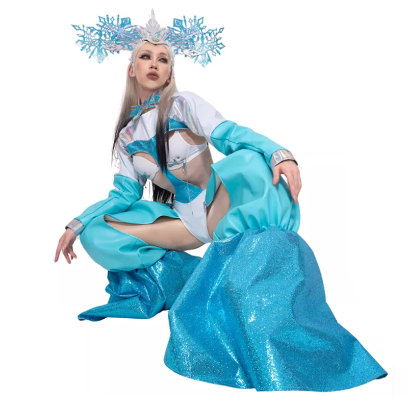 Ice Queen Gogo เต้นรําเสื้อผ้านักร้องนักเต้น Stage เครื่องแต่งกาย Clubwear เงาสิทธิบัตรหนัง Jumpsuit แฟชั่นชุดปาร์ตี้