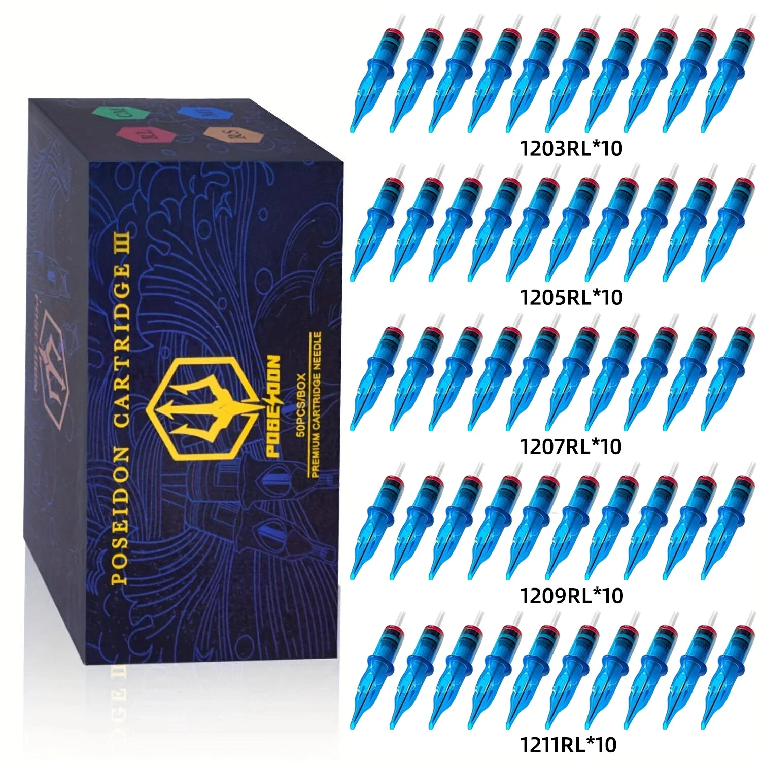 POSEIDON PRO MAX 50 Stück gemischte professionelle Tattoo-Patronennadeln mit Membran-Sicherheitskartuschen, Einweg-Tattoo-Nadel