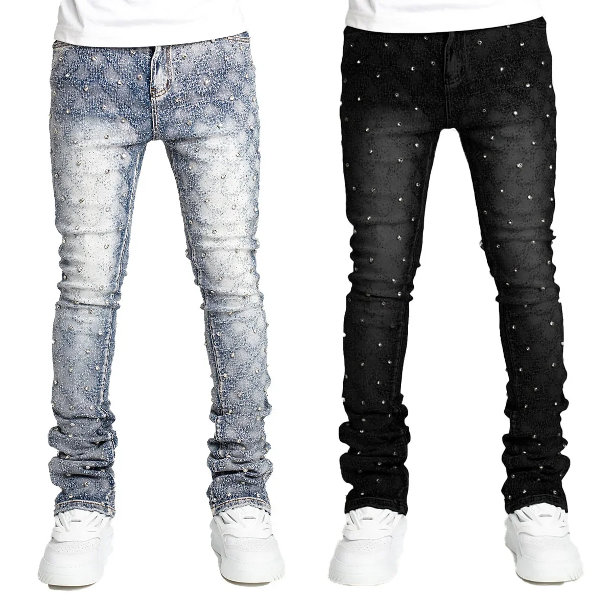 2026 New Men Fashion Stretchy Pearls Skinny Jeans Fashion Rhinestone European Street Personality Stacked Denim Pants