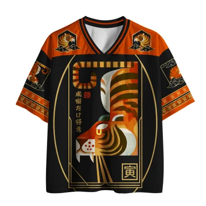 Mesh V Neck Short Sleeve Jersey, Geometric Tiger Japanese Art Graphic Tee, Retro Harajuku Style Loose Breathable Sports Top