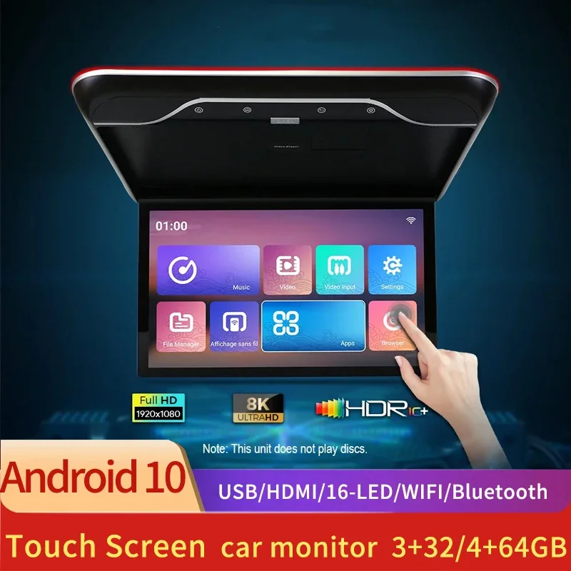 Touch Screen Car Monitor Android10 4+64GB 19 Inch 4K Multimedia Player Car Roof Monut Monitor WIFI/Bluetooth/USB/HDMI Ceiling TV