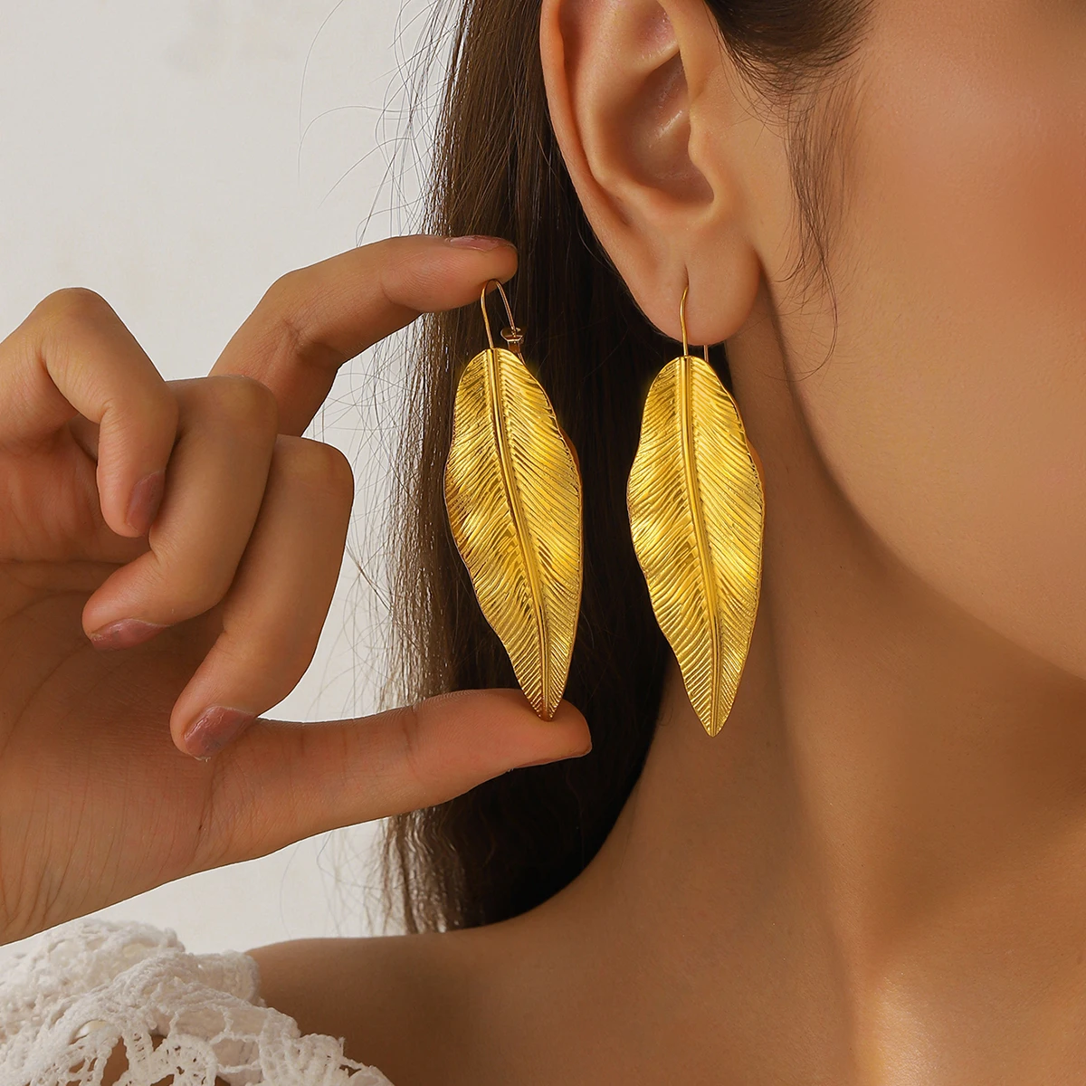 

316L Stainless Steel Women's Romantic Feather Drop Earrings Trendy Hanging Piercing Wedding Jewelry Gift