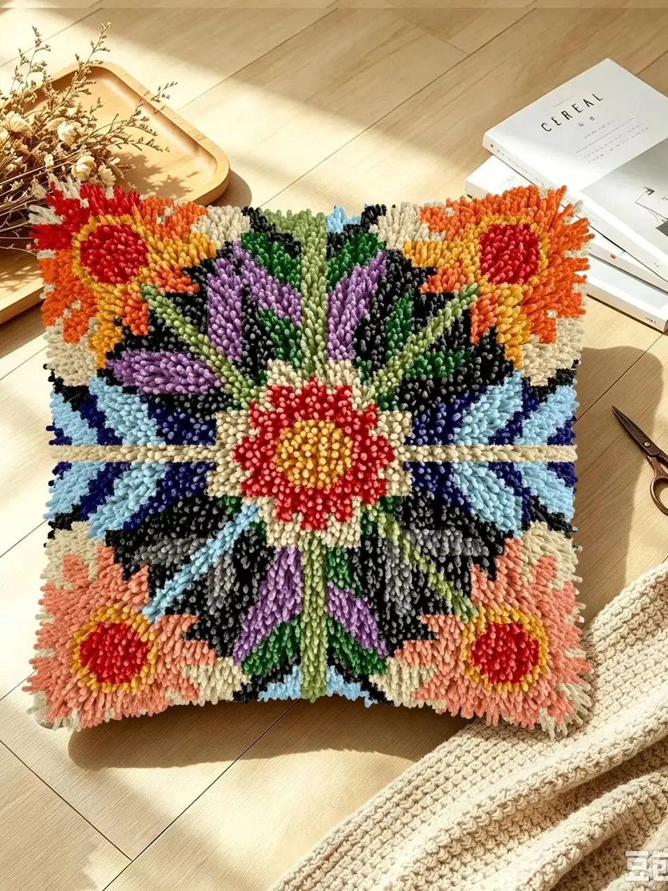 1 Set Orange-Lila Mandala-Knoten-Kissen-Set mit Häkelnadeln, Kissenbezug-Set für Handarbeiten, Häkelnadel-Sets, DIY, anfängerfreundlich – Detail 1