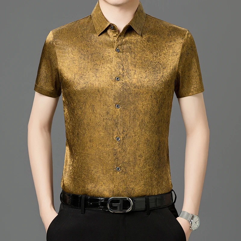 New Arrival Men Silk Clothes 2025 Spring Summer Fashion Trendy Satin Silk Dress Shirt Short Sleeve Top Male Smooth Silk Shirts