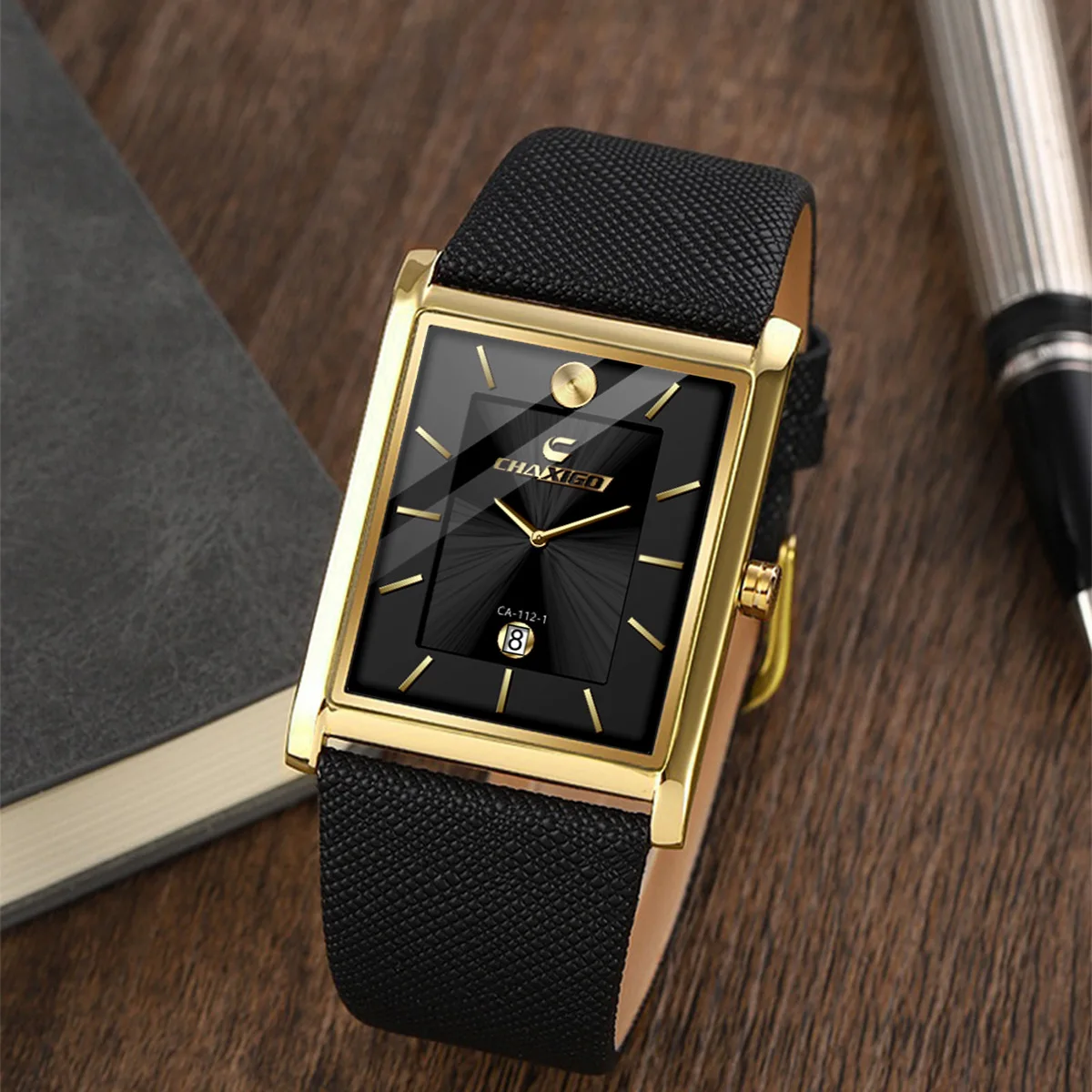 New Fashionable Men's Popular Quartz Square Watch Calendar Waterproof Leather Strap Watches for Man Reloj Hombre