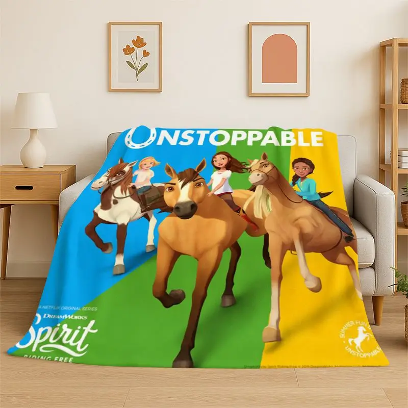 New Cartoon Spirit Riding Free Horses Flannel Throw Blanket,Warm Cozy Blanket for Bed,Sofa,Couch,Bedroom,Living Room,Office,Gift