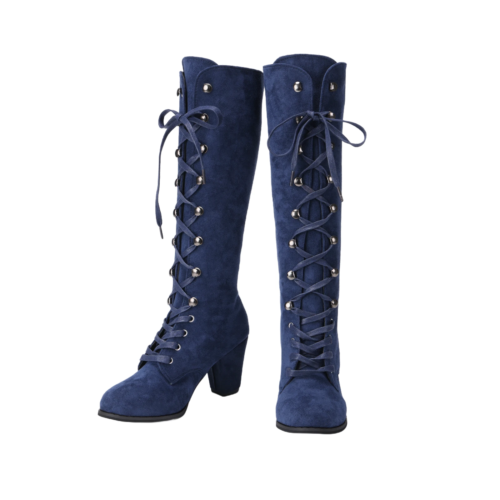 Botas medievales victorianas hasta la rodilla para mujer, gamuza gótica, tacón grueso con cordones, zapatos de media pantorrilla, disfraz de Cosplay
