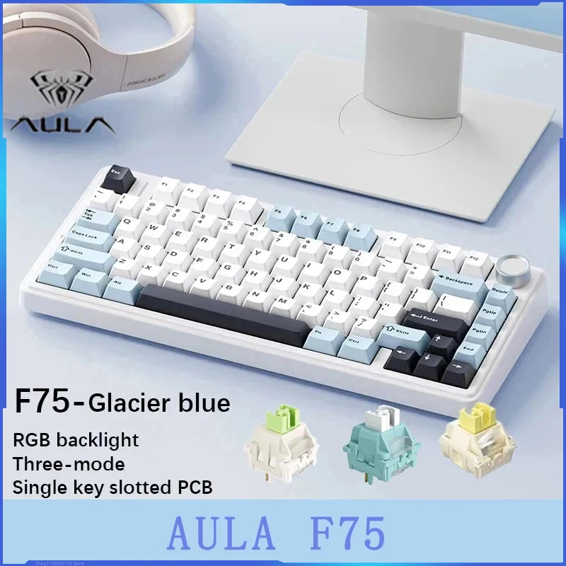 Aula F75 Mechanical Keyboard Multifunctional Knob 3 Mode RGB Hot Swappable Game Keyboard Pad Pc Game Computer Accessories Gift