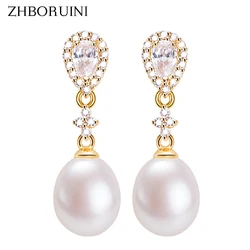 ZHBORUINI 2024 Zircon Drop Earring 100% Real Natural Freshwater Pearl Elegant 18k Gold Gilled Pearl Earrings For Women Jewelry