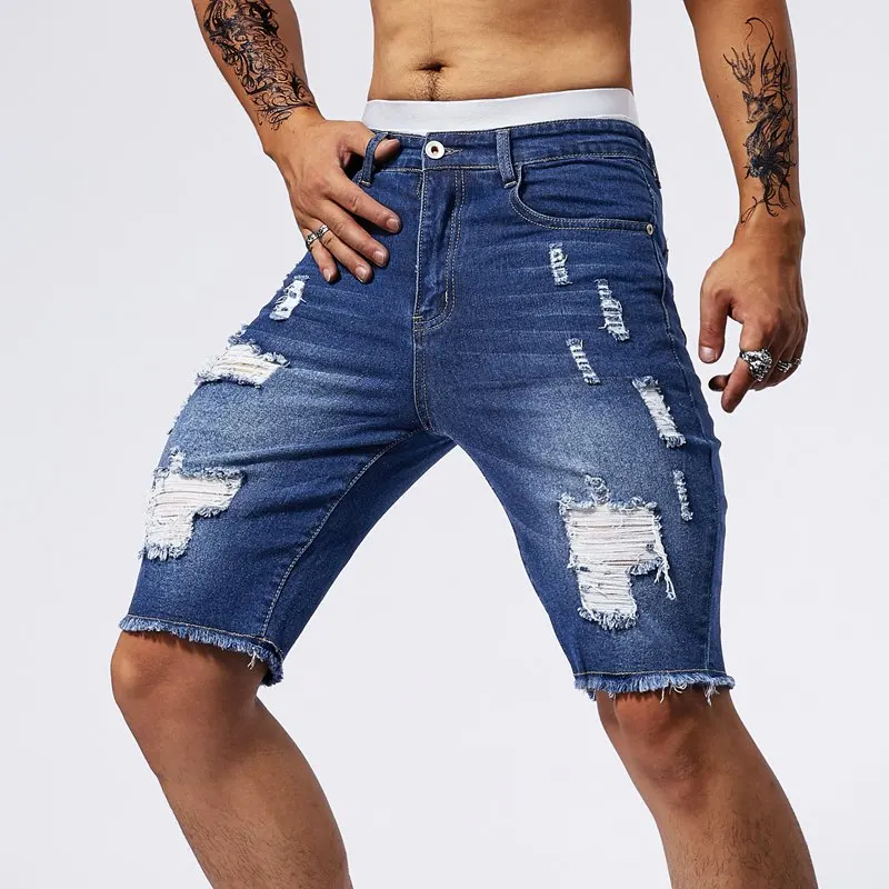 Retro washed nostalgic distressed denim shorts for men's summer slim fit stretch street fashion trend casual capris