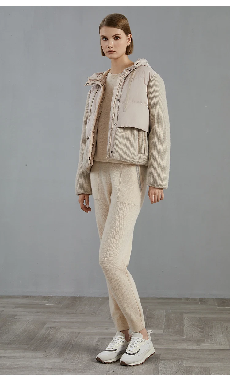 BC800 High Quality Luxury Wool Patchwork White Goose Down Jacket Winter Women's Clothing
